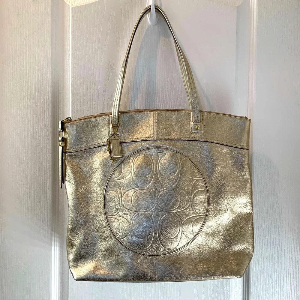 COACH Laura Leather Signature Print Tote Shoulder Bag Metallic Gold - Picture 3 of 16